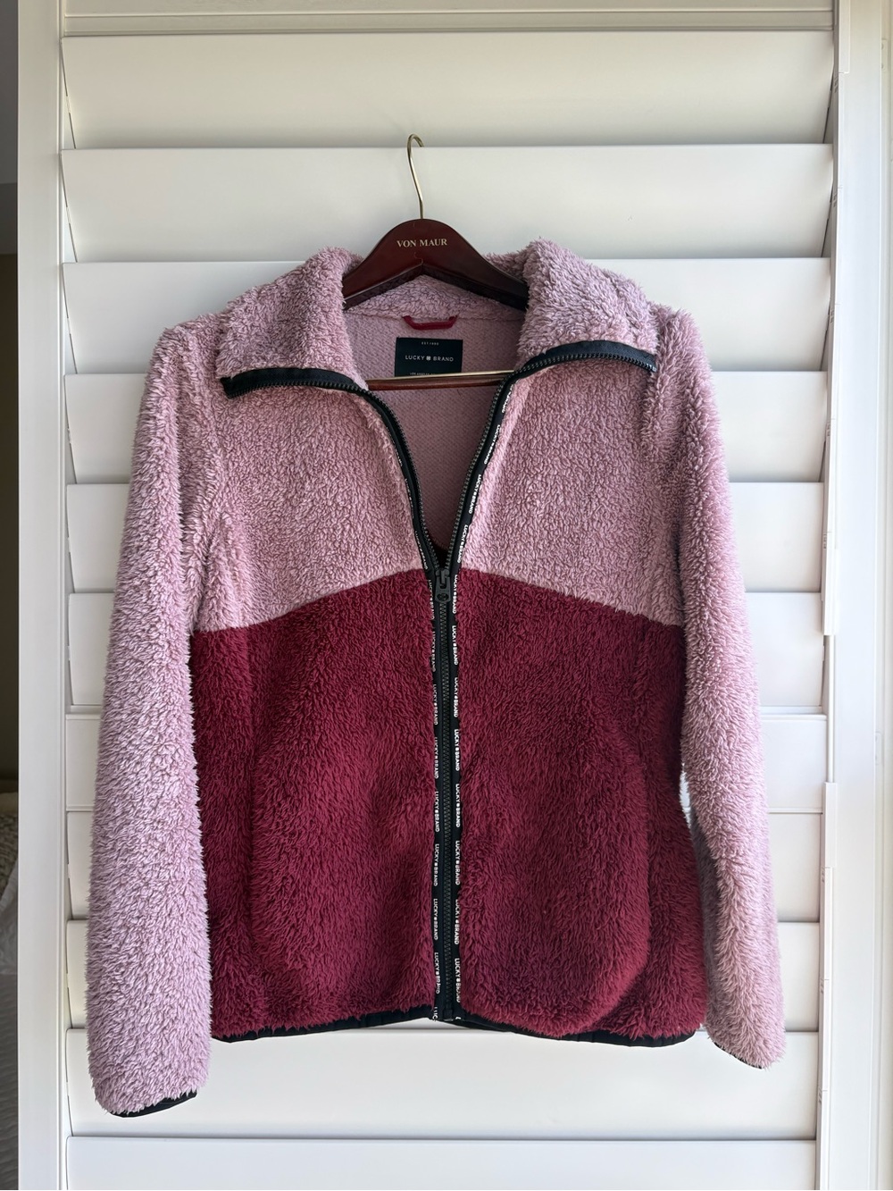 Lucky Brand Two-Tone Sherpa Zip Jacket in Pink & Burgundy